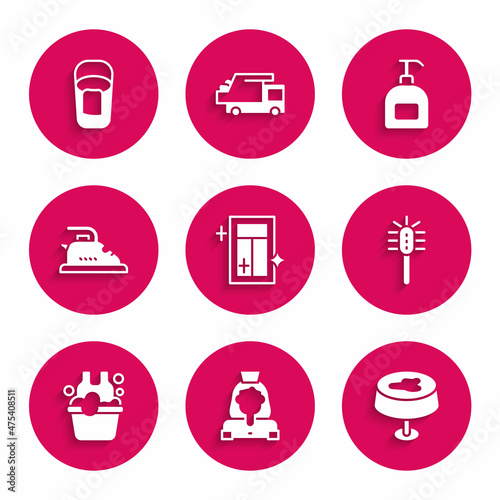 Set Cleaning service for window, lady, Stain on the tablecloth, Toilet brush, Basin with soap suds, Electric iron, Bottle of liquid and Bucket rag icon. Vector