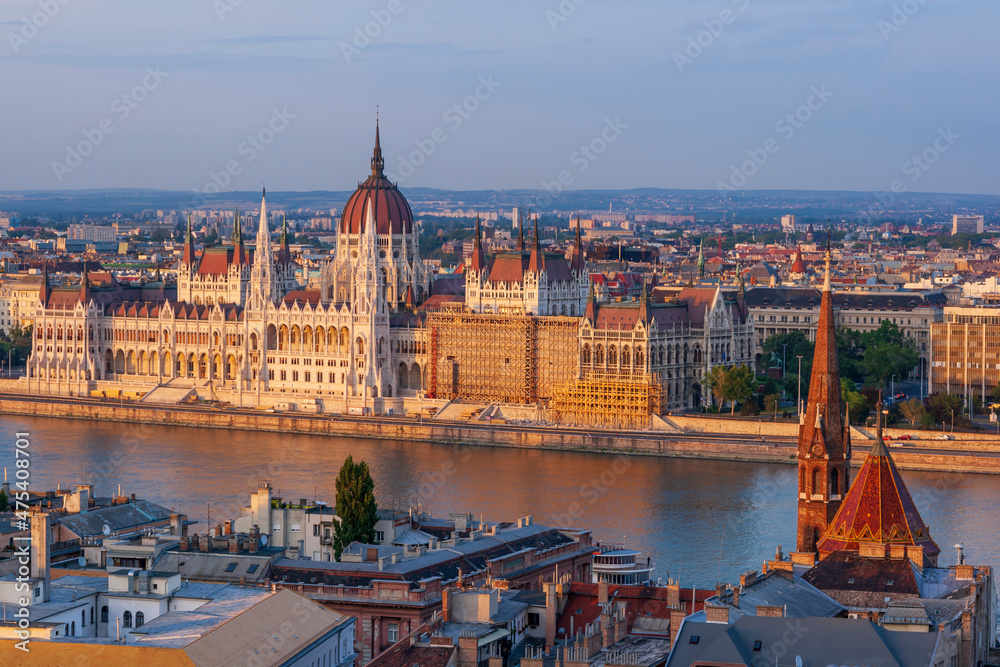 Hungary, Budapest. View of Hungary's Parliament, built between 1884-1902 is the country's largest building. It has 691 rooms and sits next to the Danube River.