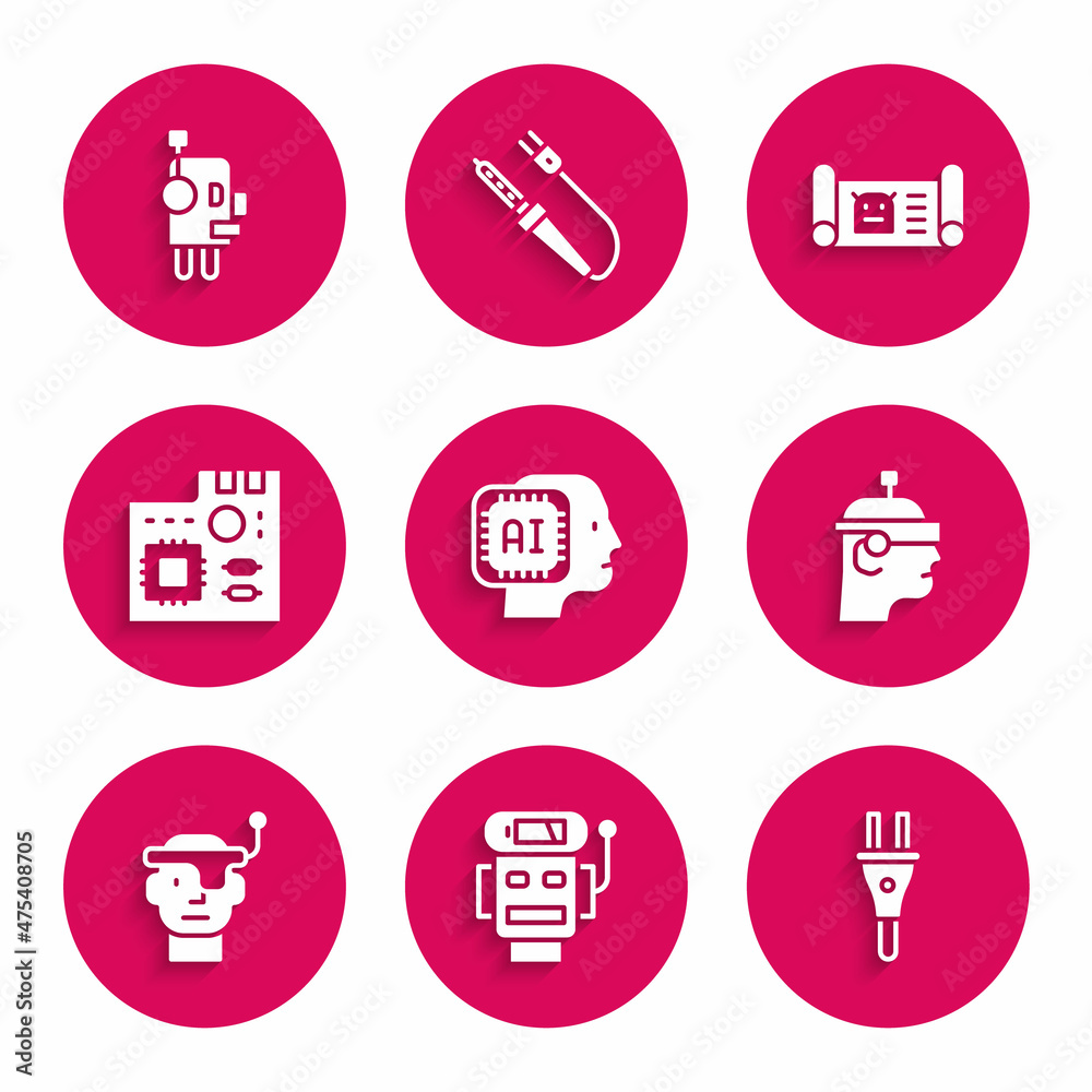 Set Humanoid robot, Robot low battery charge, Electric plug, Smart glasses, Motherboard digital chip, blueprint and icon. Vector Set Humanoid robot, Robot low battery charge, Electric plug, Smart glasses, Motherboard digital chip, blueprint and icon. Vector