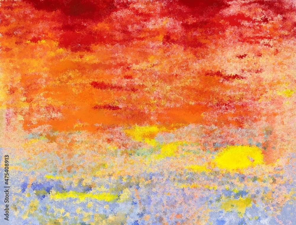Abstract Sunrise with reds, oranges, and yellows

