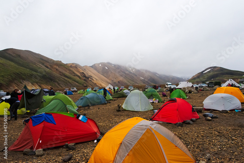 Colorful tents in the camping ground  Landmannalaugar  Iceland