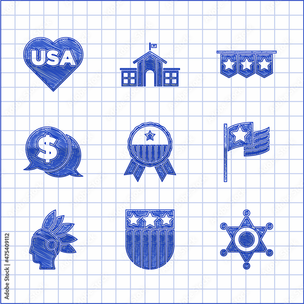 Set Medal with star, Shield stars, Hexagram sheriff, American flag, Native Indian, Coin money dollar, Carnival garland flags and USA Independence day icon. Vector Set Medal with star, Shield stars, Hexagram sheriff, American flag, Native Indian, Coin money dollar, Carnival garland flags and USA Independence day icon. Vector