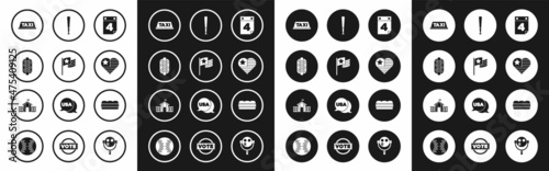 Set Calendar with date July 4, American flag, Hotdog sandwich, Taxi car roof, USA Independence day, Baseball bat, Sandwich and United States Capitol Congress icon. Vector