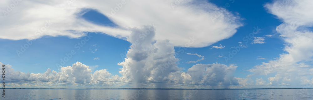 Landscape with a river in the Brazilian Amazon region and a sky with lots of clouds.