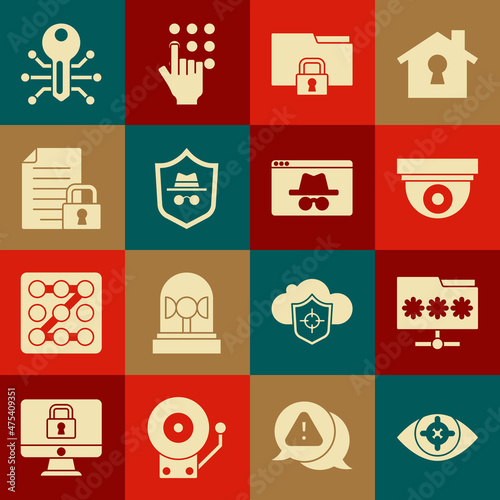 Set Eye scan, Folder with password, Security camera, and lock, Incognito mode, Document, Smart key and Browser incognito window icon. Vector