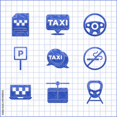 Set Taxi call telephone service, Cable car, High-speed train, No Smoking, Laptop taxi, Parking, Steering wheel and driver license icon. Vector