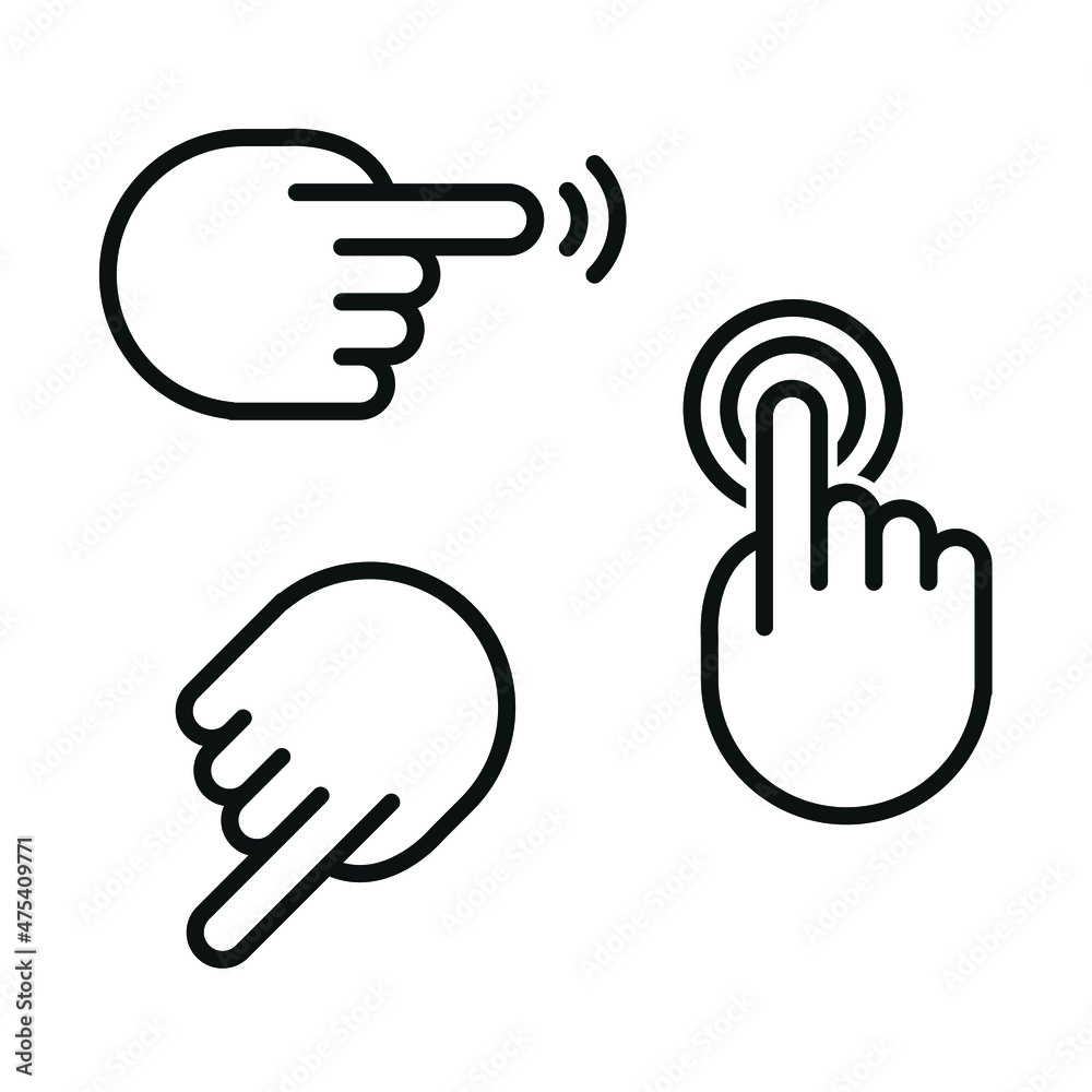 Hand pointer icon. Vector illustrations set of pointer gesture. Isolated elements on white background. Editable colors. Hand pointer icon. Vector illustrations set of pointer gesture. Isolated elements on white background. Editable colors.