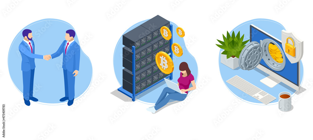 Isometric Bitcoin Crypto Currency Mining Farm. Server Room, Bitcoin Mining, Supercomputing. Cryptocurrency, Blockchain
