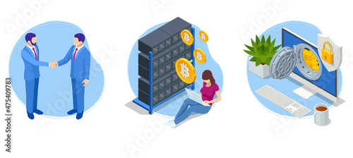 Isometric Bitcoin Crypto Currency Mining Farm. Server Room, Bitcoin Mining, Supercomputing. Cryptocurrency, Blockchain