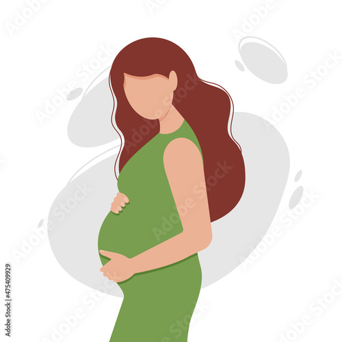 Pregnant young woman in dress holding her hands on her belly. Pregnancy, motherhood and maternity concept. Flat vector illustration.