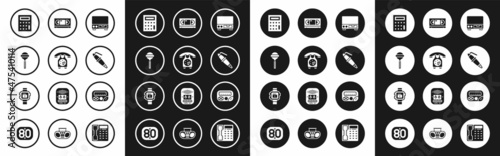 Set Old video cassette player, Telephone handset, Lollipop, Calculator, Fountain pen nib, VHS tape, Pager and Wrist watch icon. Vector