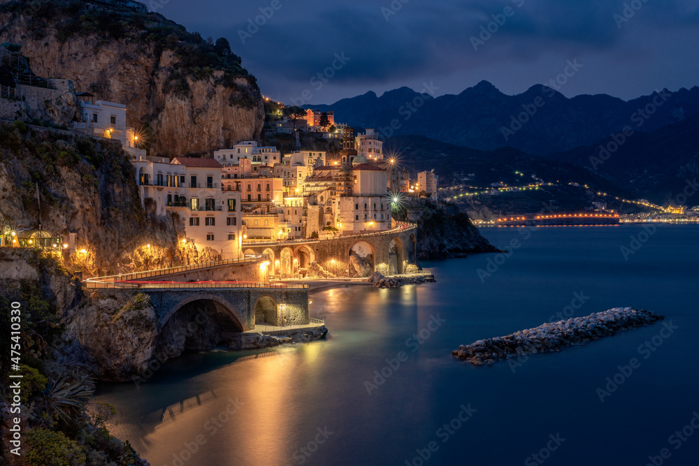 Europe, Italy, Atrani. Sunset on town and Amalfi Coast.