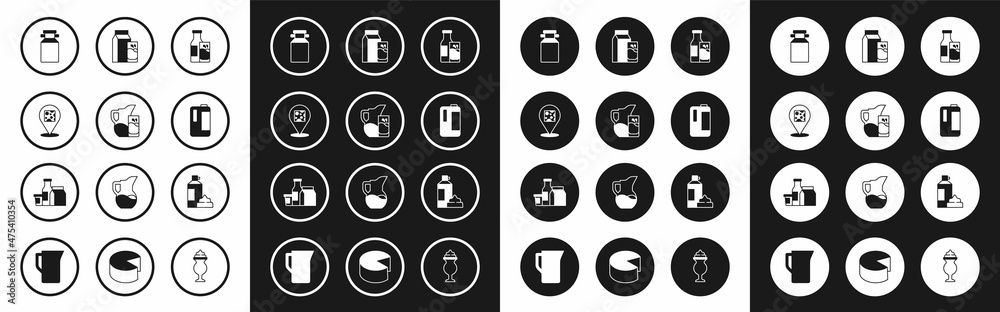 Set Bottle milk and glass, Milk jug or pitcher, Cheese, Can container for, plastic bottle, Paper package kefir, Whipped cream and product icon. Vector Set Bottle milk and glass, Milk jug or pitcher, Cheese, Can container for, plastic bottle, Paper package kefir, Whipped cream and product icon. Vector