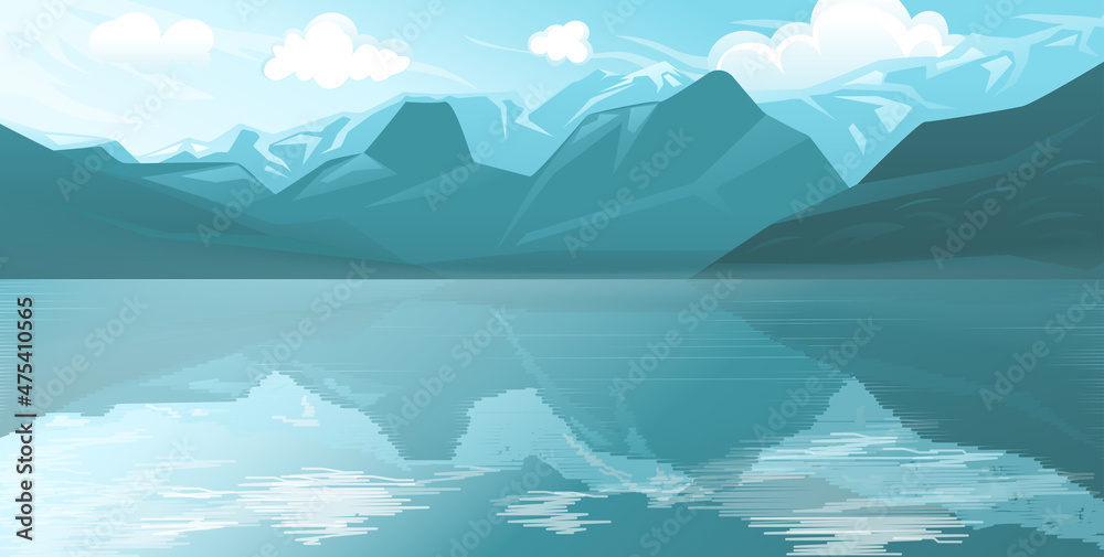 Sky winter background with mountains and lake. Vector design style