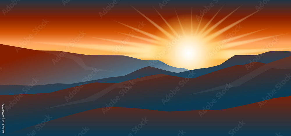 Sunrise background. Mountains silhouette with sunset light. Vector illustration