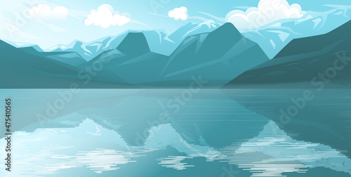 Sky winter background with mountains and lake. Vector design style