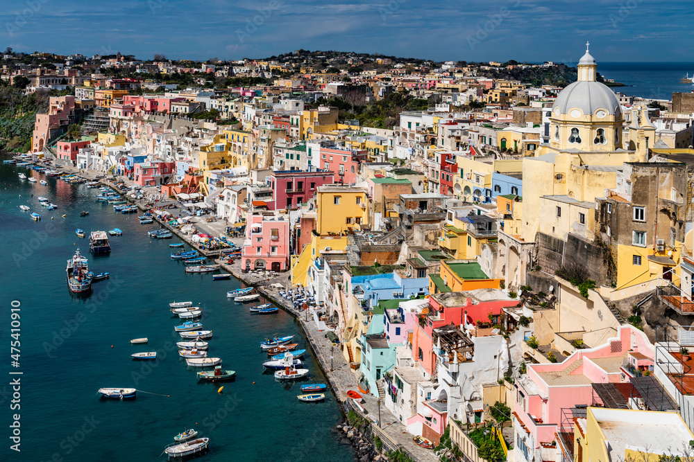 Europe, Italy, Procida. Overview of city and Marina Corricella.