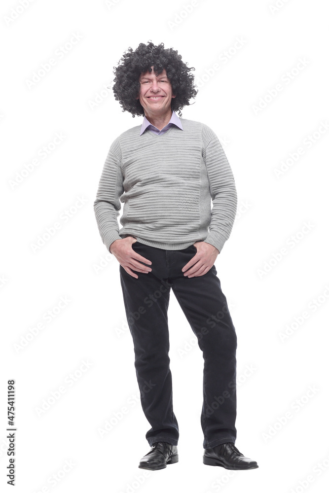amusing a man in a wig. isolated on a white amusing a man in a wig. isolated on a white