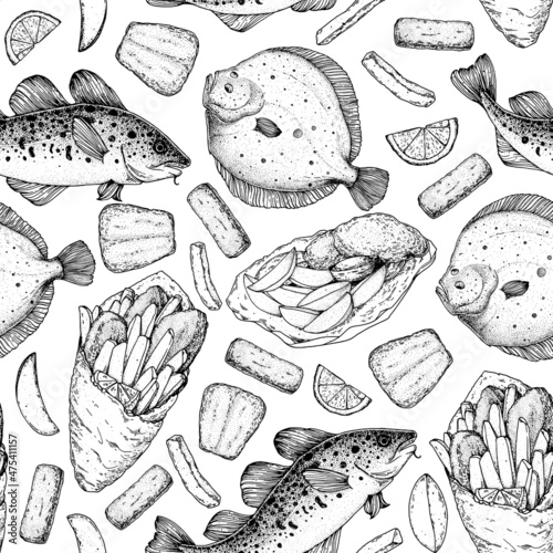 Fish and chips sketch seamless pattern. Vector illustration. British pub food. Hand drawn sketch. Cooking fish and chips. Engraved hand drawn vintage image. Menu design template.