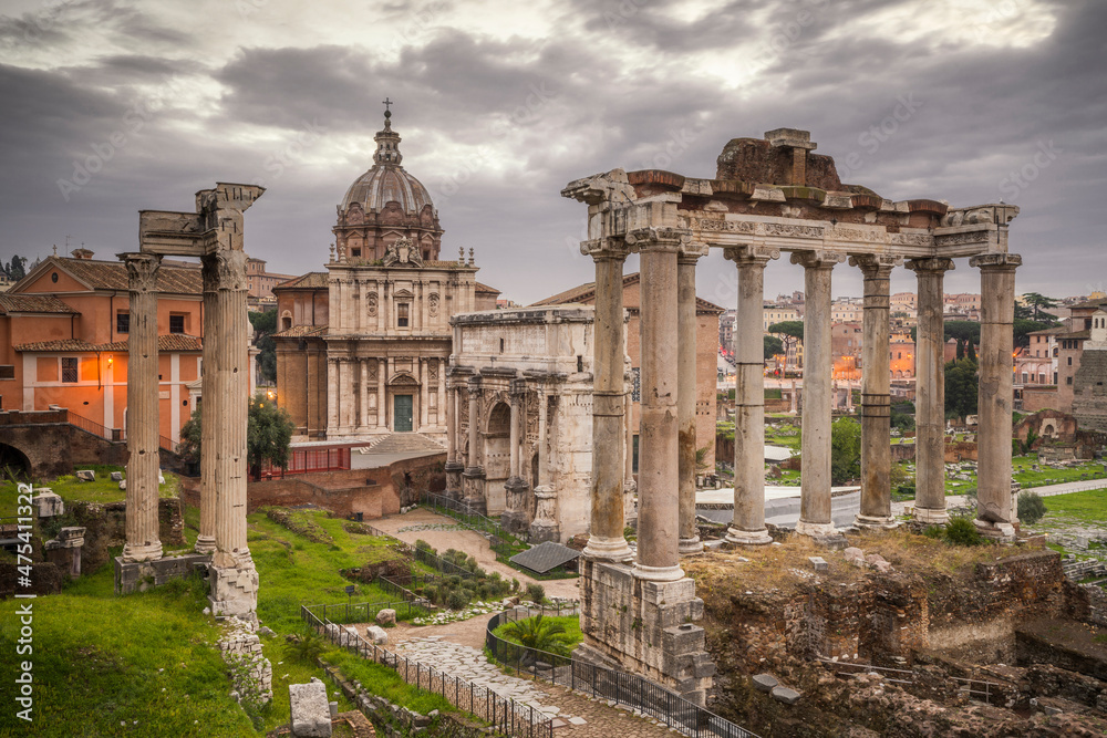 Europe, Italy, Rome. Ruins of Roman Temple of Saturn.