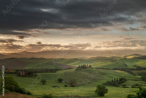 Europe, Italy, Tuscany, Val d' Orcia. Belvedere farmhouse at sunrise.