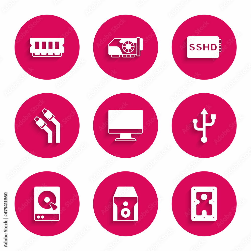 Set Computer monitor screen, Uninterruptible power supply, Hard disk drive HDD, USB, LAN cable network internet, SSHD card and RAM, random access memory icon. Vector Set Computer monitor screen, Uninterruptible power supply, Hard disk drive HDD, USB, LAN cable network internet, SSHD card and RAM, random access memory icon. Vector