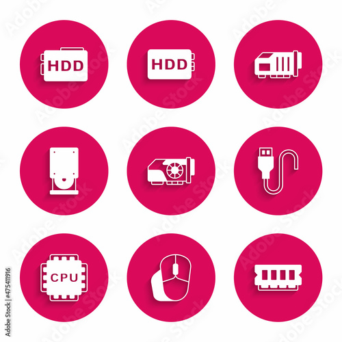 Set Video graphic card, Computer mouse, RAM, random access memory, USB cable cord, Processor with CPU, Optical disc drive, and Hard disk HDD icon. Vector