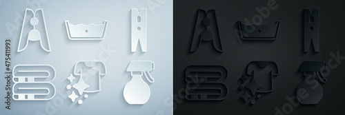 Set Drying clothes, Clothes pin, Towel stack, Water spray bottle, Temperature wash and icon. Vector