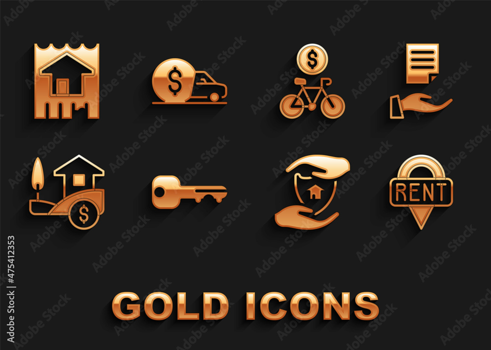Set House key, contract, Location, with shield, dollar, Bicycle rental mobile app, and Car icon. Vector Set House key, contract, Location, with shield, dollar, Bicycle rental mobile app, and Car icon. Vector