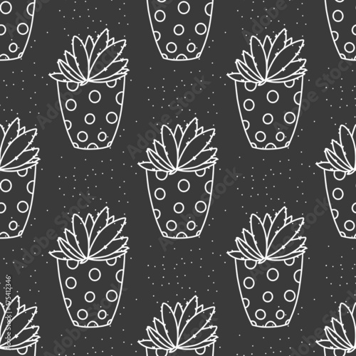 Seamless succulent and cactus plants seamless pattern. Vector tropical illustration of desert flowers in a pot. Hand drawn line doodle nature print. Black and white art,