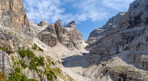 Bocca del Tuckett and Cima Sella. The Brenta Dolomites, UNESCO World Heritage Site. Italy, Trentino, Val Rendena