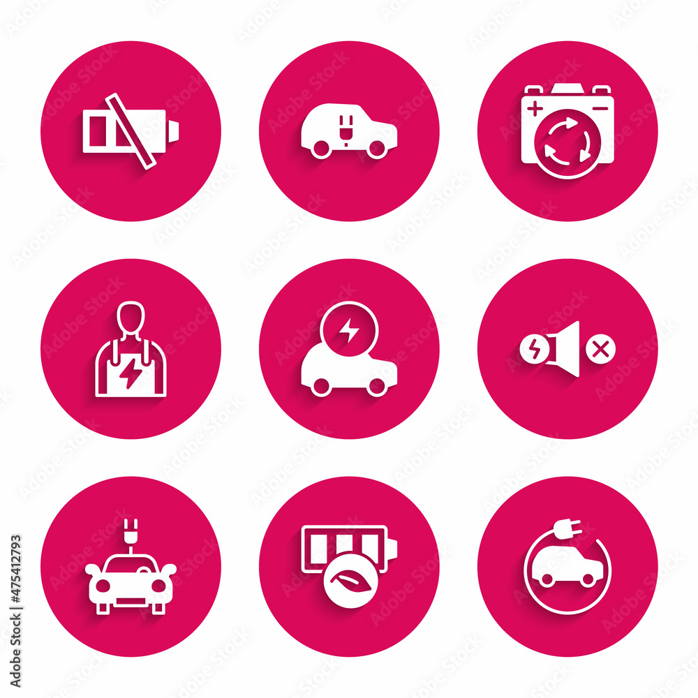 Set Electric car, Eco nature leaf battery, motor, Car mechanic, Battery with recycle symbol and Low icon. Vector Set Electric car, Eco nature leaf battery, motor, Car mechanic, Battery with recycle symbol and Low icon. Vector