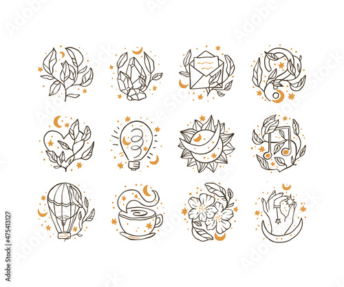 Magic celestial black icon set with moon and star.