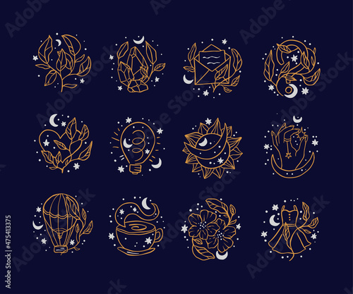 Magic celestial icon set with moon and star.