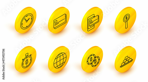 Set line Gold bars, Coin money with dollar symbol, Earth globe, Time is, Magnifying glass and, Mobile phone credit card, Credit and Clock icon. Vector