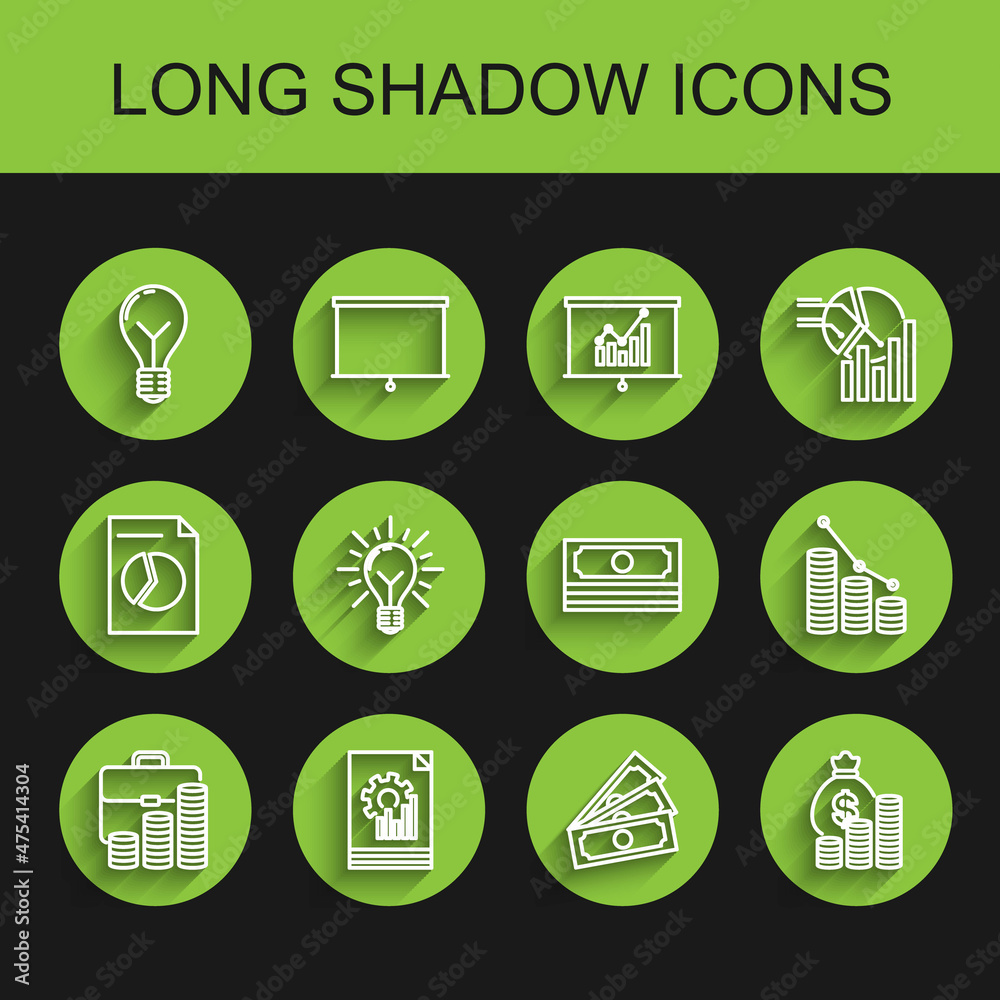 Set line Briefcase and coin, Document with graph chart, Light bulb concept of idea, Stacks paper money cash, Money bag, rays shine, Pie infographic and icon. Vector Set line Briefcase and coin, Document with graph chart, Light bulb concept of idea, Stacks paper money cash, Money bag, rays shine, Pie infographic and icon. Vector