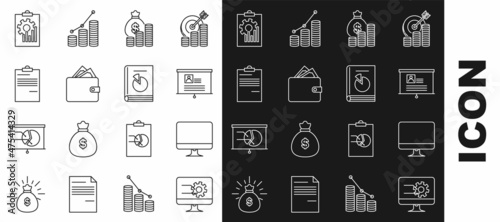 Set line Computer monitor with graph chart, screen, Board resume, Money bag and coin, Wallet stacks paper money cash, Document, Clipboard and User manual icon. Vector
