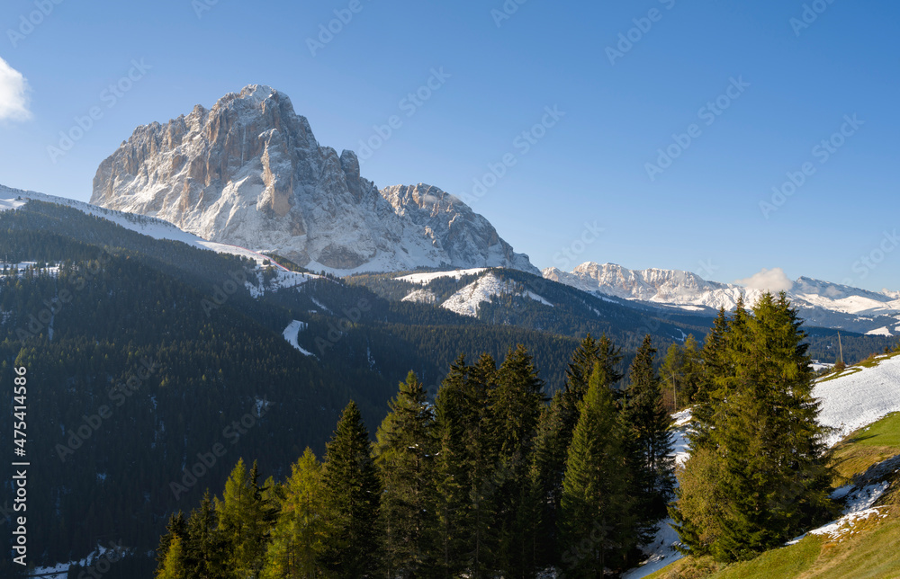 Mount Langkofel, Sassolungo, in the dolomites of South Tyrol, Alto Adige seen from Groden Valley, Val Gardena. The dolomites are listed as UNESCO World Heritage Site. Central Europe, Italy.