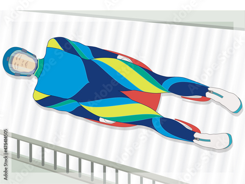 luge sport, aerial view of luger racing downhill on iced tracks