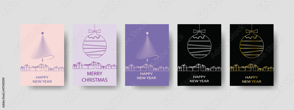 Merry Christmas and Happt New Year greeting cards. Universal Winter Holidays templates. Vector illustration.