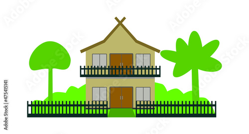 Sundanese traditional houses exterior vector illustration front view with julang ngapak roof.Indonesian traditional house from west java. Home  with doors and windows. photo