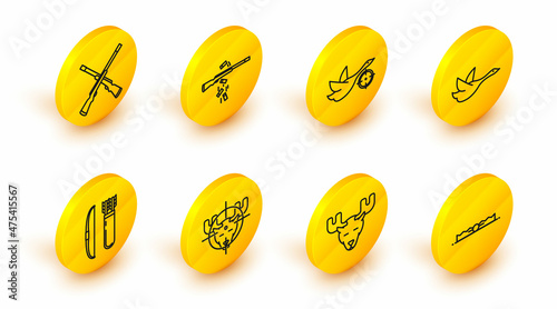 Set line Trap hunting, Moose head with horns, Hunt on moose crosshairs, Bow and arrow quiver, Flying duck, Gun shooting and Two crossed shotguns icon. Vector