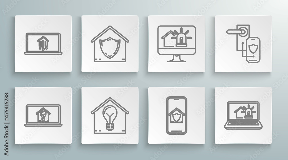 Set line Laptop with smart house and light bulb, House under protection, Smart, Mobile phone, alarm, Computer monitor, Digital door lock wireless technology for lock and home icon. Vector Set line Laptop with smart house and light bulb, House under protection, Smart, Mobile phone, alarm, Computer monitor, Digital door lock wireless technology for lock and home icon. Vector