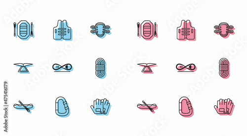 Set line Rafting boat, Carabiner, Gloves, Skateboard trick, Climber rope, Hang glider and Life jacket icon. Vector