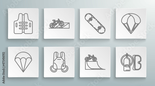 Set line Parachute, Bicycle on street ramp, Diving mask and aqualung, Skateboard trick, and Life jacket icon. Vector