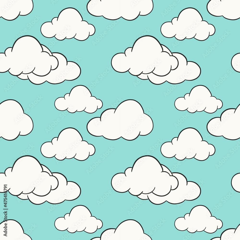 White clouds on a blue background. Vector seamless pattern. Hand drawn trendy vector seamless pattern. Flat design, cartoon, hand-drawn.