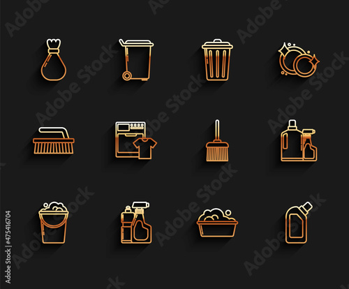 Set line Bucket with foam and bubbles, Plastic bottles for liquid dishwashing liquid, Garbage bag, basin soap suds, Washer t-shirt, and Handle broom icon. Vector