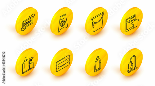 Set line Vacuum cleaner, Plastic bottles for liquid dishwashing liquid, Towel stack, Washer and t-shirt, Bucket, Wet floor cleaning progress and Bar of soap with foam icon. Vector