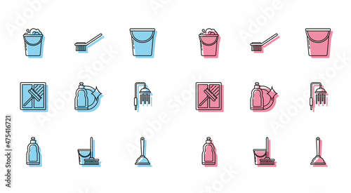 Set line Plastic bottles for liquid dishwashing liquid, Mop and bucket, Bucket with foam bubbles, Toilet plunger, Shower head water drops flowing, Squeegee, scraper, wiper and brush icon. Vector