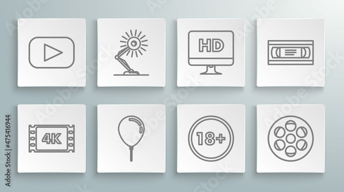 Set line 4k movie, tape, frame, Table lamp, Balloon with ribbon, Under 18 years, Film reel, Computer PC monitor HD video technology, VHS cassette and Play icon. Vector